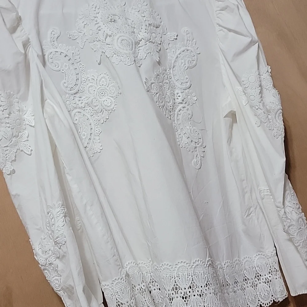 Zara Contrasting Combined Poplin Embroidered Cotton Top High Neck Blouse Lace